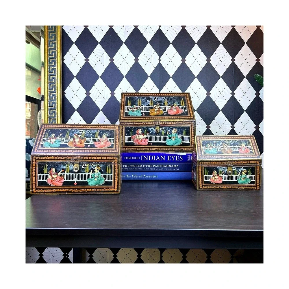 Vintage Indian Hand Painted Nesting Wooden Box Set of 3 Folk Art Storage Chests